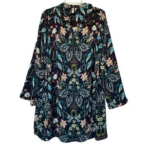 Xhilaration Black Floral Print Collared Long Sleeve Tunic Dress Size L